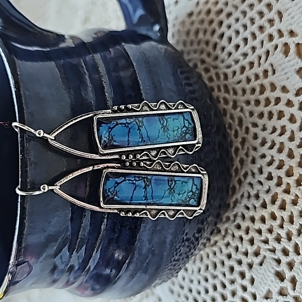 Enamel Blue Dangle Earrings Fishhook back. New
